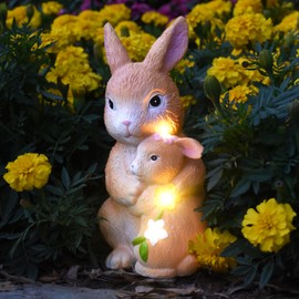 CJSUNYT Rabbit Garden Statue Solar Garden Decor Easter Decorations Outdoor Resin Mama Rabbit Cuddling Baby Statue with Solar Lights Bunny Figurines Patio Lawn Yard Decor Easter Gifts for Women