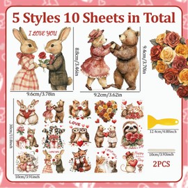 WANDIC 10 PCS Valentine's Day Theme Rub On Transfer Sticker,Cute Animal Sticker Flower Decal for Present Packaging DIY Scrapbooking Albums Furniture,10 * 30cm