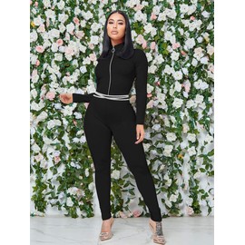 XXTAXN Women's Sexy Bodycon Long Sleeve V Neck Zipper Jumpsuit Rompers Black