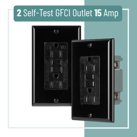 Bates- Self-Test GFCI Outlet 15 Amp, 2 Pack, GFI Electrical Outlet 15 Amp Black with LED Indicator and Wall Plate, UV-Resistant, UL Listed