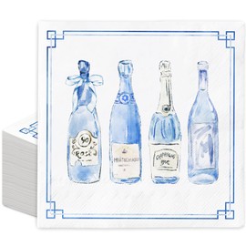 FYSUIMU 50Pcs Blue Wine Bottle Paper Napkins Watercolor Champagne Disposable Luncheon Napkins Dinner Hand Napkins for Party Supplies Table Decor