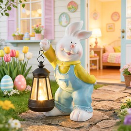 Solar-Powered Rabbit with LED Lights Garden Ornament — Outdoor Resin Animal Sculpture, Solar-Powered Waterproof Lawn Decoration, Suitable for Patios, Courtyards, Porches, Homes, and Gardens (White)