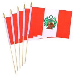 5 Pack Peru Peruvians Small Mini Wood Hand Held Stick Flag,Suitable For Various Holiday Parties, World Cup, National Day, And National Flag Day.