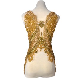 La Belleza Gold Bodice Rhinestones Appliques Patch for Dress,hot Hand-Made Beaded Appliques for Cloth or Bridal 12.5" *21.8" V Neck Large Pattern and can be Cut for Designs