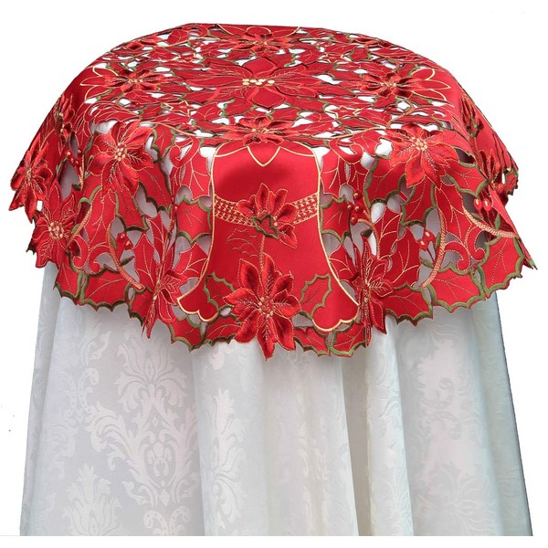 Creative Linens Holiday Christmas Embroidered Tablecloth Poinsettia Bell Table Cloth