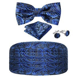 Paisley Cummerbund and Bow Tie Set Adjustable Formal Men's Cumberbund Tuxedo Bowtie Cufflinks Set & Pocket Squares
