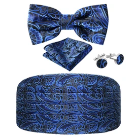 Paisley Cummerbund and Bow Tie Set Adjustable Formal Men's Cumberbund Tuxedo Bowtie Cufflinks Set & Pocket Squares