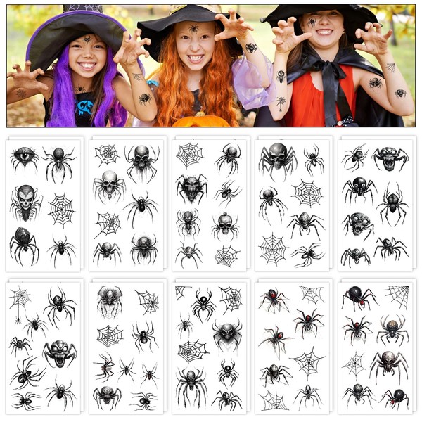 Qpout 20 Sheets Halloween Spider Temporary Tattoos, Spider Tattoos for Children and Adults, Halloween Spider Web Tattoos, Halloween Spider Face Tattoos, Halloween Party Decoration