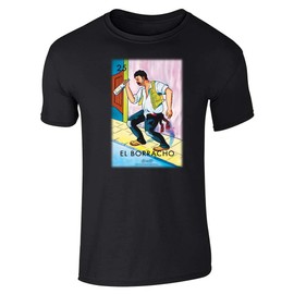 Pop Threads El Borracho Drunk Loteria Card T-Shirt for Fun Nights Black L