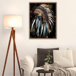 DIY 5D Diamond Painting Kits for Adults by Numbers Indian Canvas Artwork Tribal Chief Feather Headdress for Home Wall Decor 30x40cm