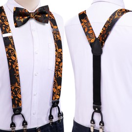 Dubulle Mens Clips Suspenders and Pretied Bowtie Set Y Shape Adjustable Paisley Checks Braces Pocket Square,Orange Black