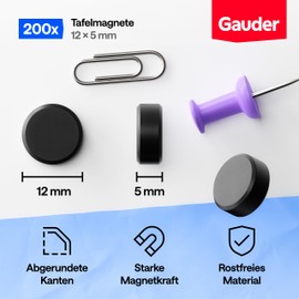 GAUDER Magnets for Magnetic Board - Strong Board Magnets for Whiteboard, Notice Board, Fridge & Office - Round, Black Fridge Magnets with High Adhesive Force (Pack of 200 - 12 x 5 mm)