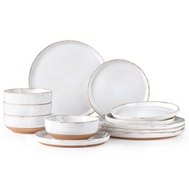 AmorArc Ceramic Dinnerware Sets for 4, 12 Pieces Handpainted Plates and Bowls Set with Rustic Terracotta Underside, Scratch Resistant Stoneware Dishes Set, Dishwasher & Microwave Safe, White