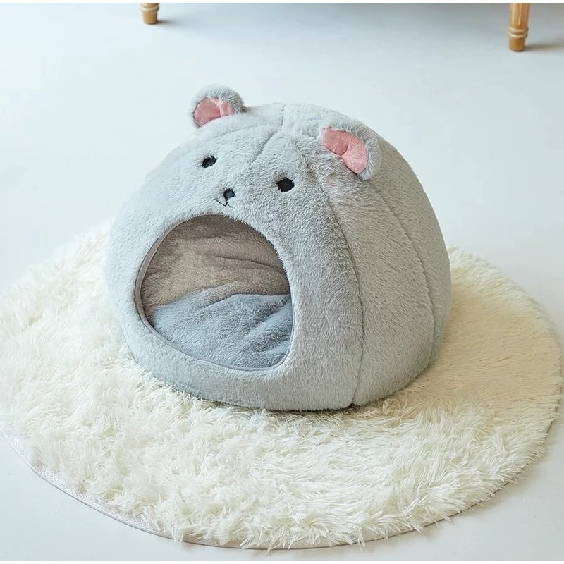 Cozy Mouse Ear Pet Cave Bed Ultra-Soft Gray Plush cave