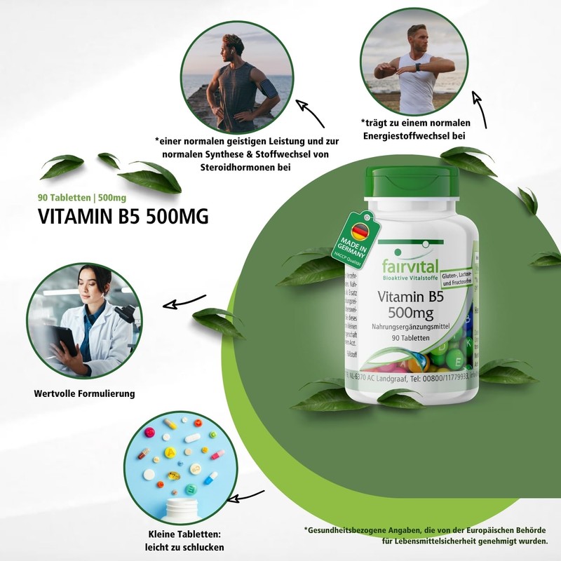 fairvital, Vitamin B5 500 mg, 90 Tablets, Swallow-friendly, Calcium D-pantothenate,