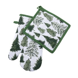 Elsie & Zoey Oven Mitts and Pot Holders Sets - 2-Piece Green Trees Oven Mitt & Pot Holder Set in Evergreen, Quilted Cotton, Christmas Holiday Design, Perfect Kitchen and Cooking Essentials