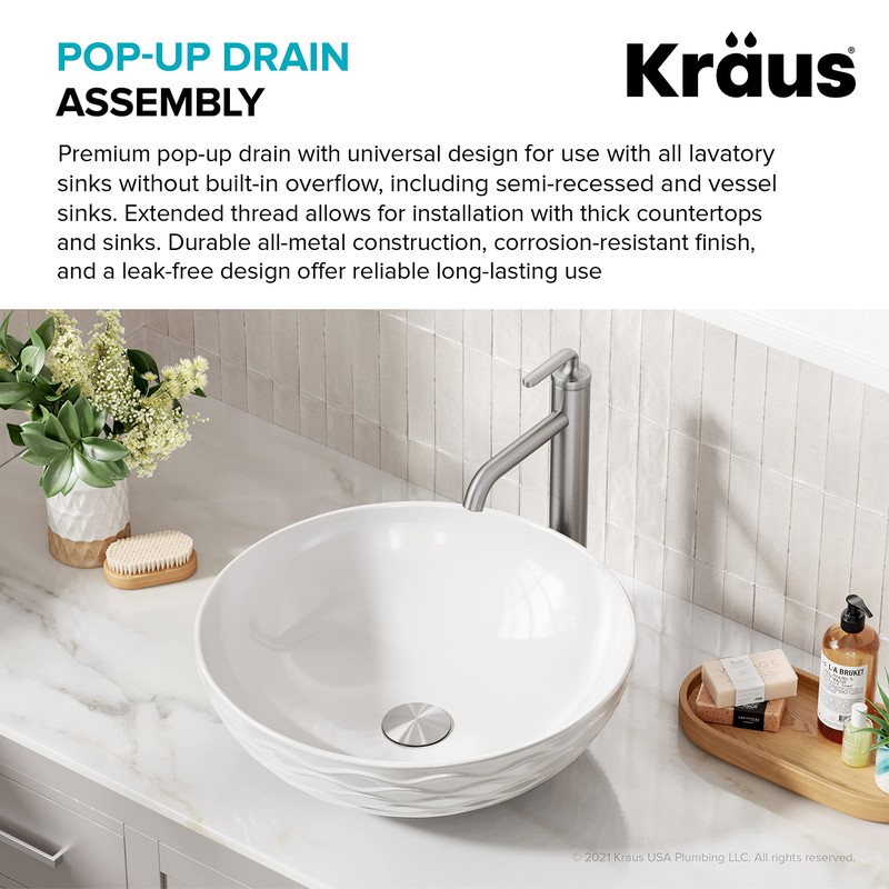 KRAUS Bathroom Sink Pop-Up Drain Assembly in Satin Nickel for