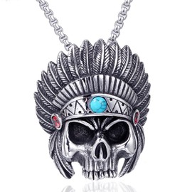 MayiaHey Indian Skull Pendant,Native American Indian Chief Skull Head Necklace for Men, Stainless Steel Gothic Indian Chief Skull Head Necklace Tribal Chief Headdress Skull Necklace