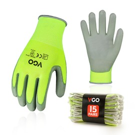 Vgo 15 Pairs PU Coated Work Gloves Men,Gardening,Construction,Warehousing,Landscaping Use (M,Fluorescent Yellow,PU2103)