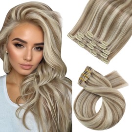 Moresoo Clip-In Real Hair Extensions, Remy Real Hair Clip, 35 cm, Light Brown with Platinum Blonde, Double Wefts, 120 g, 7 Pieces