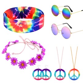 PYSEOSISE Hippie Costume Set, 7 Pcs Hippie Accessories, Rainbow Headband Flower Crown Sunglasses Peace Sign Necklace Earrings