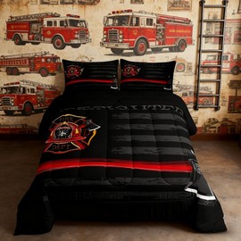 Firefighter Comforter Set Queen Size,American Flag Geometric Stripes Bedding Set,Boys Girls Adults Room Decor,Fire Fighting Truck Tools Down Comforter,Red Black Fashion Duvet Insert,2 Pillowcases