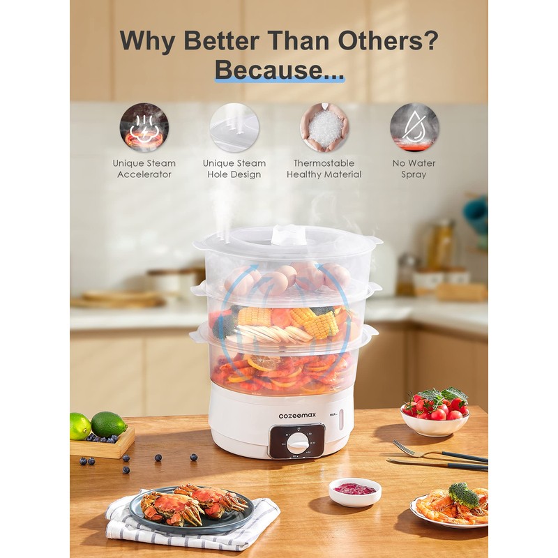 Cozeemax 3 Tier Electric Food Steamer for Cooking, 13.7QT Vegetable