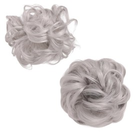 lasuroa 2pcs Messy Bun Hair Piece, Hair Extension Claw Clip Synthetic Wavy Curly Updo Chignon Scrunchies Ponytail Extension for Women (Grey)