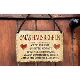 Metal Sign Funny Saying "Omas Hausregeln" Decorative Hanging Sign Door Sign House Entrance Metal Sign Funny Gift for Birthday or Christmas 18 x 12 cm