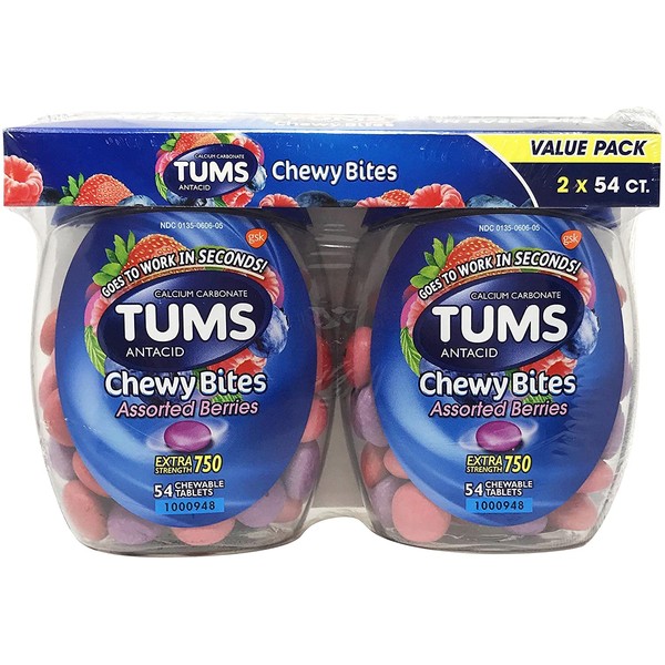 TUMS Chewy Bites Extra Strength Antacid Tablets for Chewable Heartburn Relief and Acid Indigestion Relief, Mixed Fruit, Blue,Mixed Fruit, 54 Count, Pack of 2