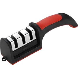Chulim Afilador de Cuchillos Manual 3 Etapas, Rojo con Negro, Acero Inoxidable, Cer?mica, Para Reparar y Restaurar Cualquier Tipo de Tijeras y Cuchillos, Mango Ergon?mico, 19.7 X 4.2 X 6 Cm