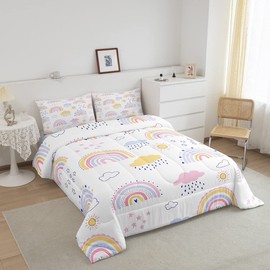 Cute Rainbow Comforter Set Kawaii Cloud Rainbow Bedding Set Twin For Girls Kids Teen,Boho Cartoon Stars Sun Comforter Pink Blue Yellow Pastel Bed Quilt Sets Bohemian Doodle Room Decor 1 Pillow Case