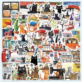 50pcs Cute Cat Illustration Stickers, Waterproof Vinyl Cartoon Kitty Stickers for Teenage Girls, Kawaii Animal Art Painting Stickers