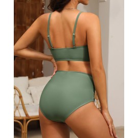 GVAOO Women's High Waisted Bikini Set Push Up Twist Front Ruched Bottom Two Piece Swimsuit Bathing Suit Olive