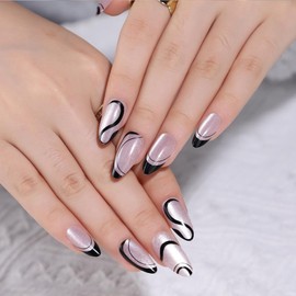 WAFOLOZE Press On Nails Long Almond Fake Nails With Glue, Holiday Nail Press Ons With Simple Black Lines Cat's Eye Design, Artificial False Nails Stick On Nails for Women-30Pcs
