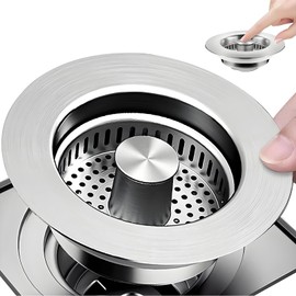 Universal Drain Strainer Kitchen Sink and Sink Plug, 3-in-1 Pop-Up Stainless Steel Drain Plug with Anti-Clogging Basket, Drain Sink Plug for Sink Bore 75-86 mm, Depth > 40 mm