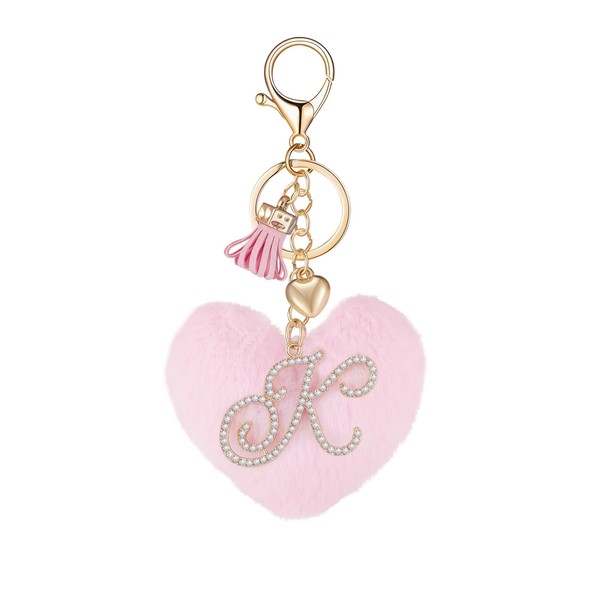 OKAICEN Initial Letter Heart Pom Pom Keychain for Women Pink