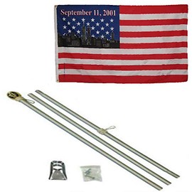 3x5 USA Sept September 11th 2001 Remembrance Memorial 150D Premium Quality Fade Resistant Polyester Flag 3'x5' (EE) With 6' Aluminum Flag Pole Kit With Gold Ball Top