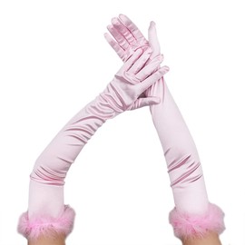 CAMDOM Long Satin Gloves 1920s Vintage Party Gloves Cosplay Fluffy Gloves for Women, pink