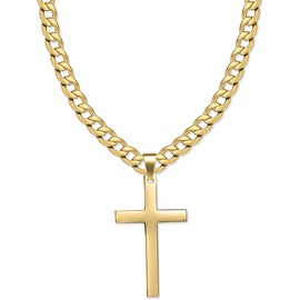 Jewow Stainless Steel Men's Cross Pendant Necklace with 7mm Wide Curb Cuban Chain