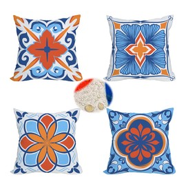 Tlovudori Outdoor Waterproof Throw Pillow Covers Set of 4 Ethnic Floral Printed and Boho Geometry Farmhouse Outdoor Pillow Covers for Patio Furniture Garden 18x18 Inch Blue Orange (18X18Inch, EF-Boho)