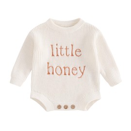 Lesimsam Newborn Baby Boy Girl Valentines Outfit Oversized Embroidery Long Sleeve Knit Sweater Bubble Romper Bodysuit (Little Honey-White, 0-3 Months)