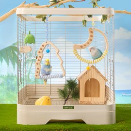 Tafit Parrot Perch Bird Cage Accessories Stand - Tree-Shaped with Bell & Cork, Wooden Swings Toy for Parakeets, Budgies, and Lovebirds (White + Green)