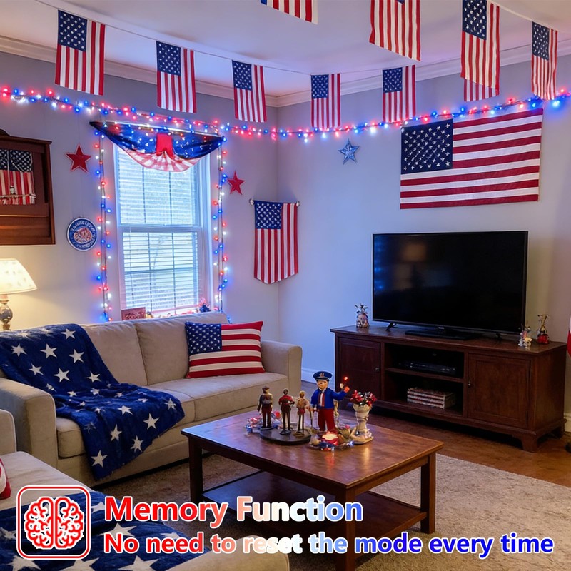YEGUO Red White Blue Lights, 33ft 100 LED String Lights