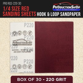 ProductionShop Premium Red 220 Grit 1/4 Sheet Size Red Sanding Sheets, Box of 30 - Hook & Loop Backing Sandpaper, Fine-Cut Abrasive - Fits Palm Sanders, Hand Sanding Blocks - Woodworking, Auto Paint