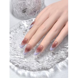 Light purple V-shaped tip paired with blush pink French-style Middle Oval shape. Gentle and Eelegant, Graceful& Exquisite. Color of Macaron. Set of 10 (Baby purple Franch, Small hands)