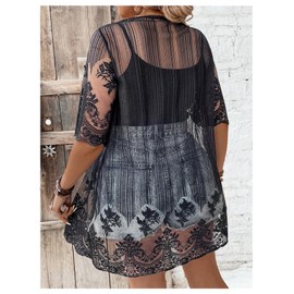 Verdusa Women's Plus Size Sheer Mesh Lightweight Kimono Short Sleeve Beach Swimwear Cover Up Black 2XL