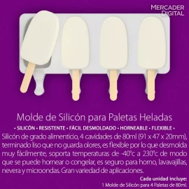 Mercader Digital 3 Pzs Molde Silicón 4 Paletas Heladas 80ml Hielo Congeladas