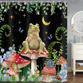JAWO Mushroom Shower Curtain, Boho Moon Stars Aesthetic Floral Shower Curtains, Funny Frog Cottagecore Decor Kids Children Bathroom Accessories Set with Hooks, 69 x 70 Inches Black