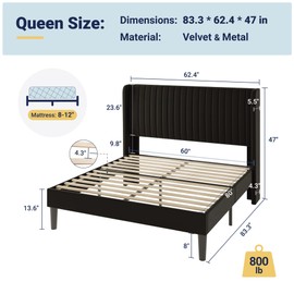 Allewie Queen Size Velvet Bed Frame/Vertical Channel Tufted Wingback Headboard/Upholstered Platform Bed/Strong Wooden Slats/No Box Spring Needed/Easy Assembly/Black